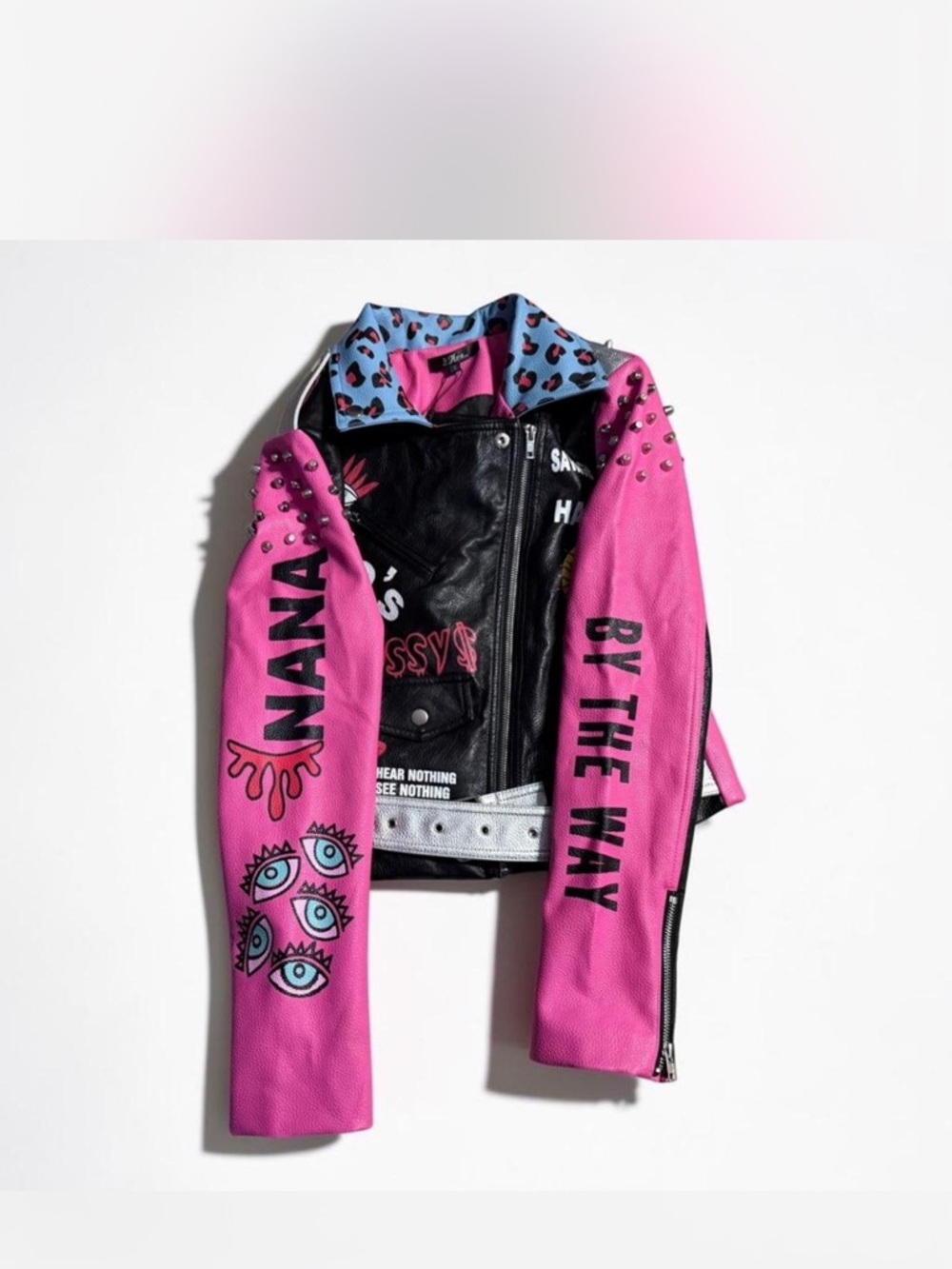 Pink & Black Graphic Studded Moto Jacket - Women's Statement Coat - Picture 4 of 8
